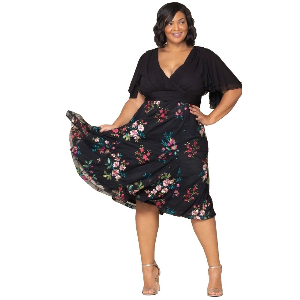 Kiyonna‎ Womens Plus Size 4X Lillian Embroidered Mesh Midi Cocktail Dress 1430U3